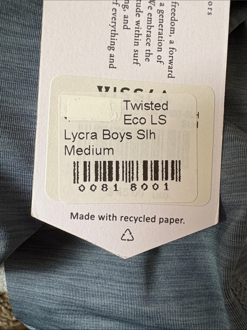 Vissla- YOUTH TWISTED ECO LS SUN SHIRT- Sz M, Slate Heather, NWT